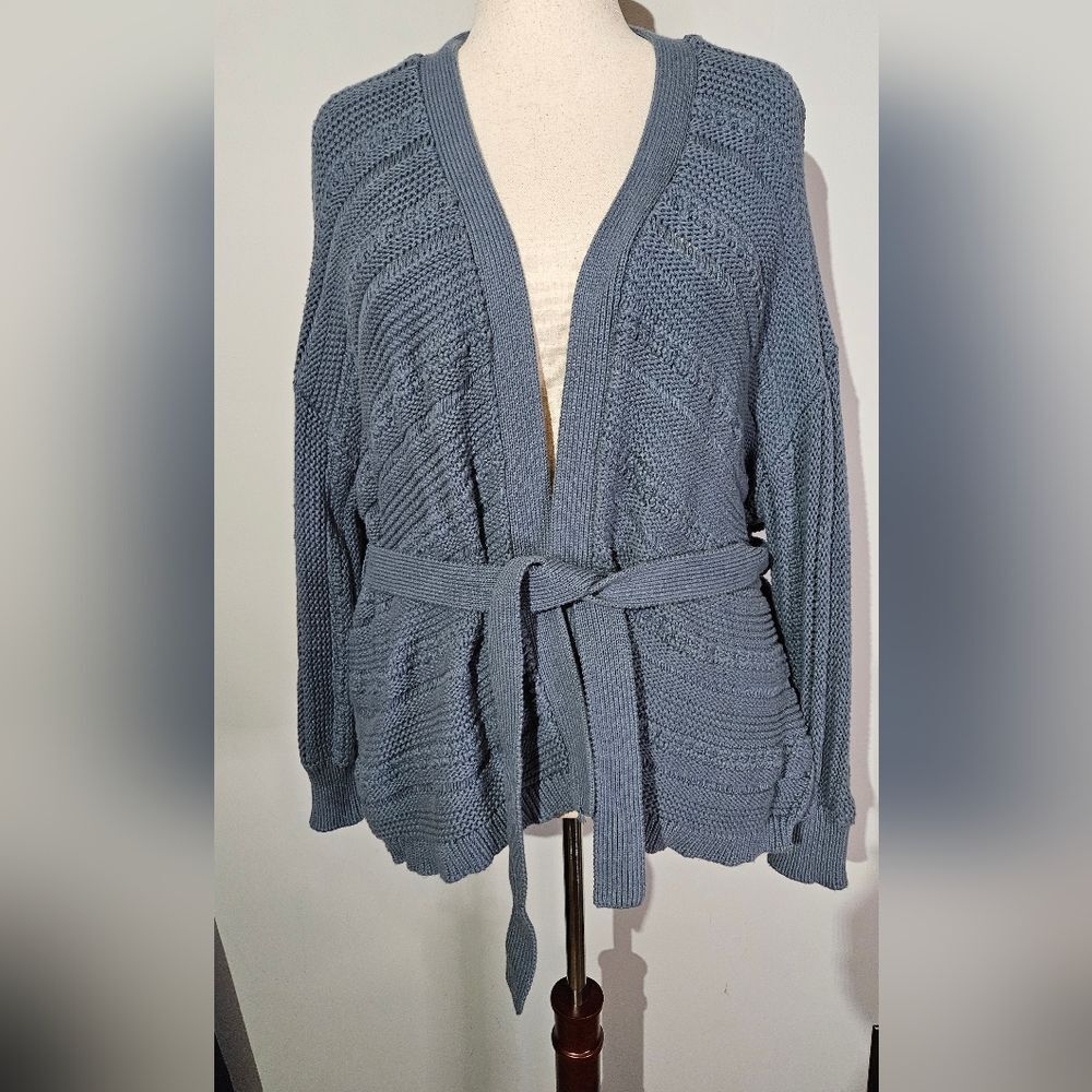 Wynn Collection Cotton Open Stitch Belted Cardigan Plus Size 1X